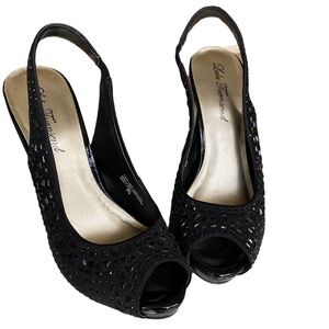 Lulu Townsend Black Upper Leather Black Rhinestone Covered Heels Pumps Size 8.5